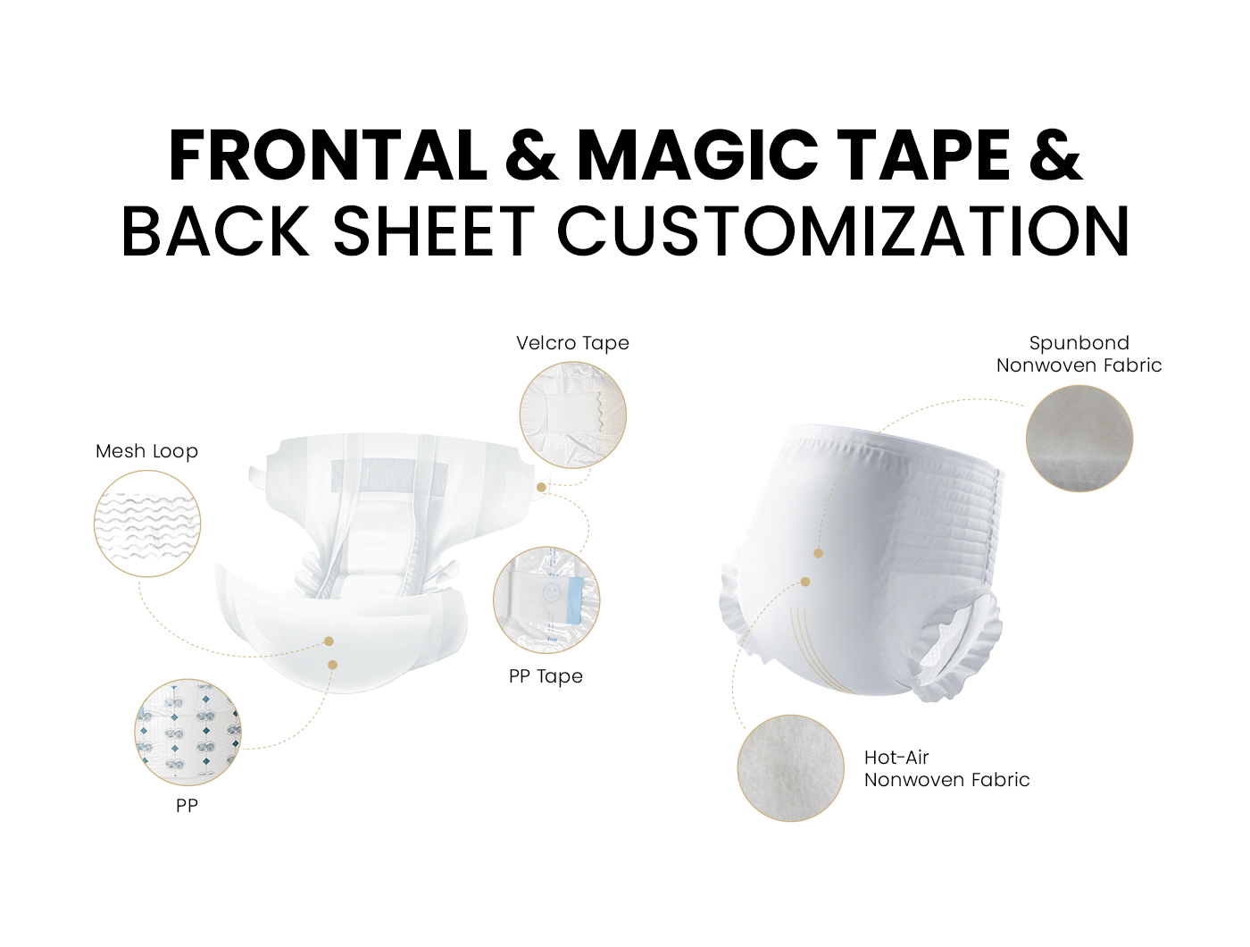 frontal tape and magic tape customization of baby tape diapers and tarining pants
