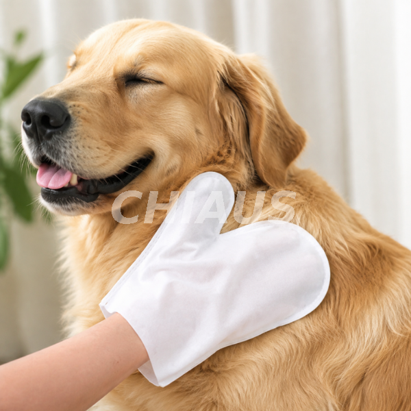 Pet owner using disposable Thumb-Type Pet Wipes for dog fur cleaning