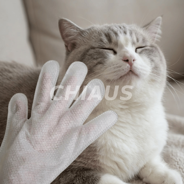Cat grooming with disposable waterless pet cleaning gloves