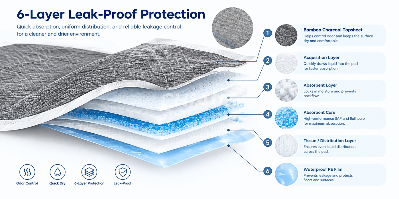 Six-layer leak-proof structure of disposable bamboo charcoal pet underpad